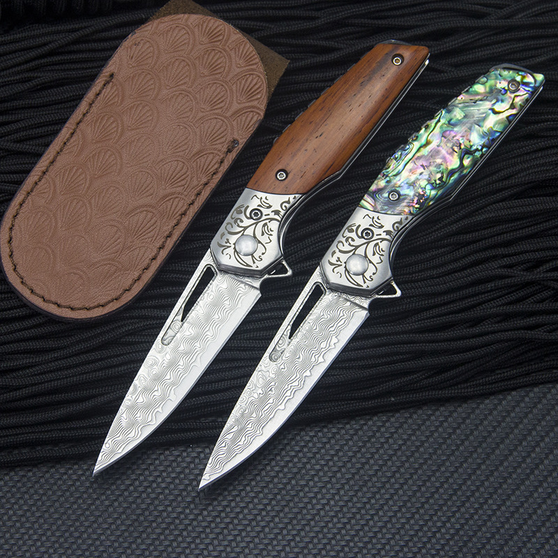 

hevay weight linerlock rosewood abalone handle damascus folding knife