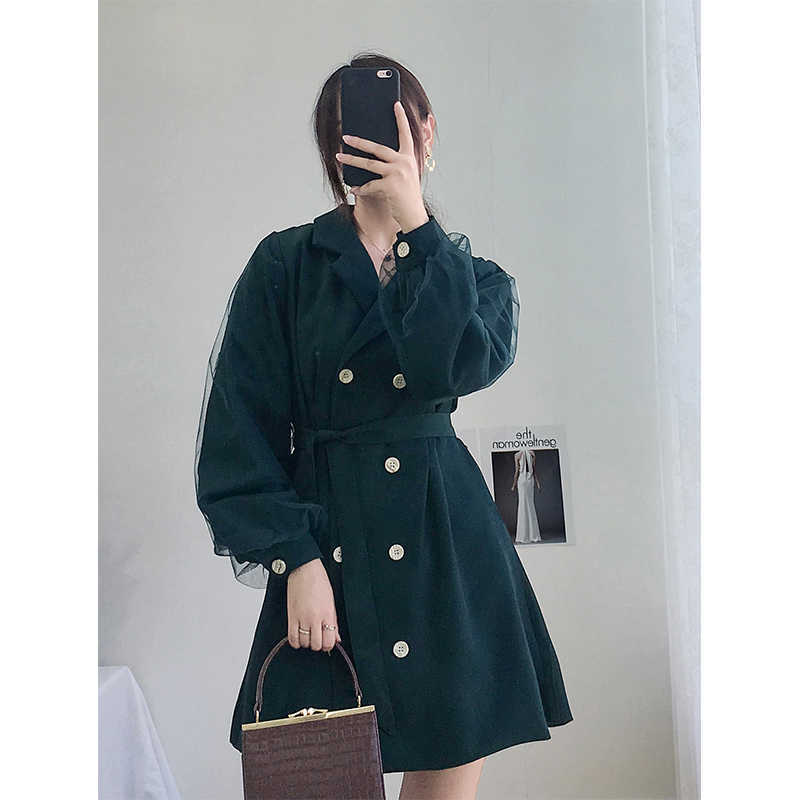 

spring Dress Suits For Women Long Blazer Jacket Runway Designer Double Breasted Office Ladies Elegant Mini 210601, Army green