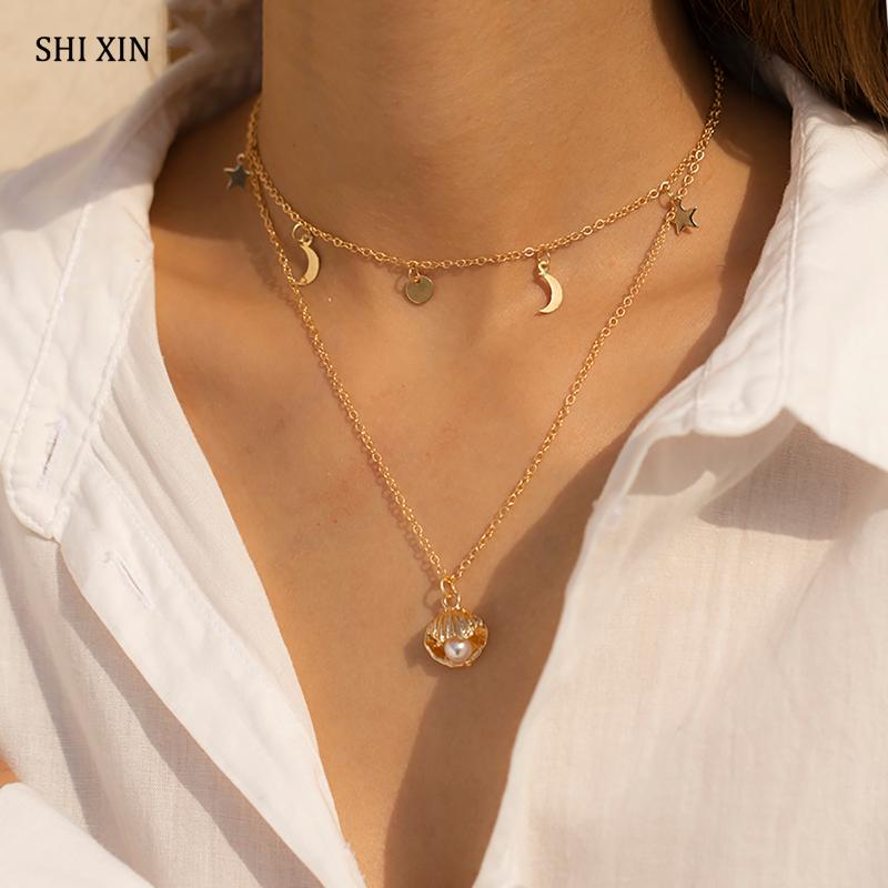 

Pendant Necklaces SHIXIN Bohemian Shell Imitation Pearl Necklace For Women Star/Moon Tassel Layered Chain On Neck Fashion Jewelry