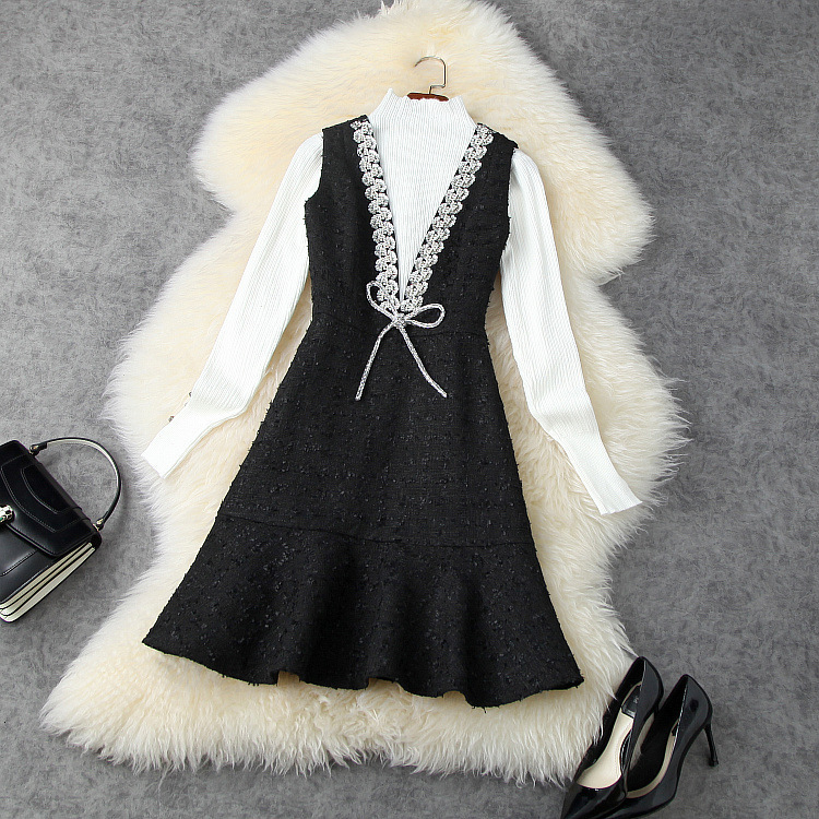 

Casual Dresses European and American women' wear winter style Long-sleeved knit sweater Fashionable beaded tweed dresses two-piece H5RB, Black