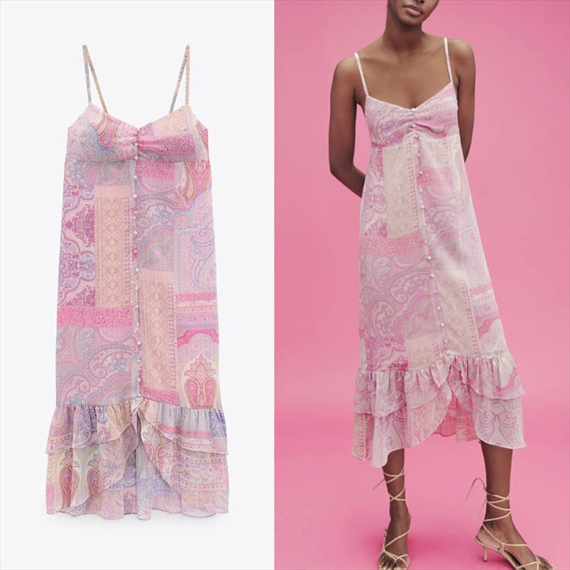 

za retro paisley print women dresses backless party spaghetti straps ruffle asymmetrical midi summer, Black;gray