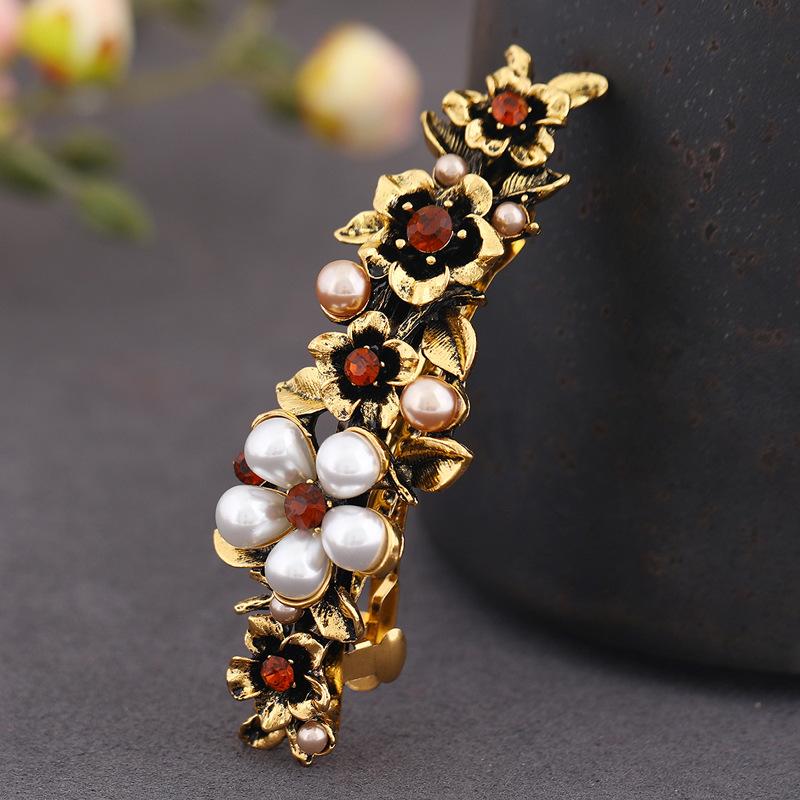 

Hair Clips & Barrettes Retro Flower Spring Clip Pearl Hairpin One Word Horizontal Adult Large Headdress Top Accessory, Golden;silver