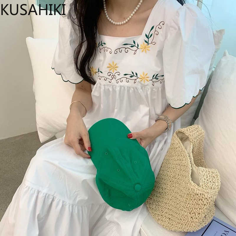 

KUSAHIKI Chic Floral Embroidery Square Collar Dresses Cauasl Puff Sleeve Summer Woman Dress Fashion A-line Vestidos 6J541 210602, White