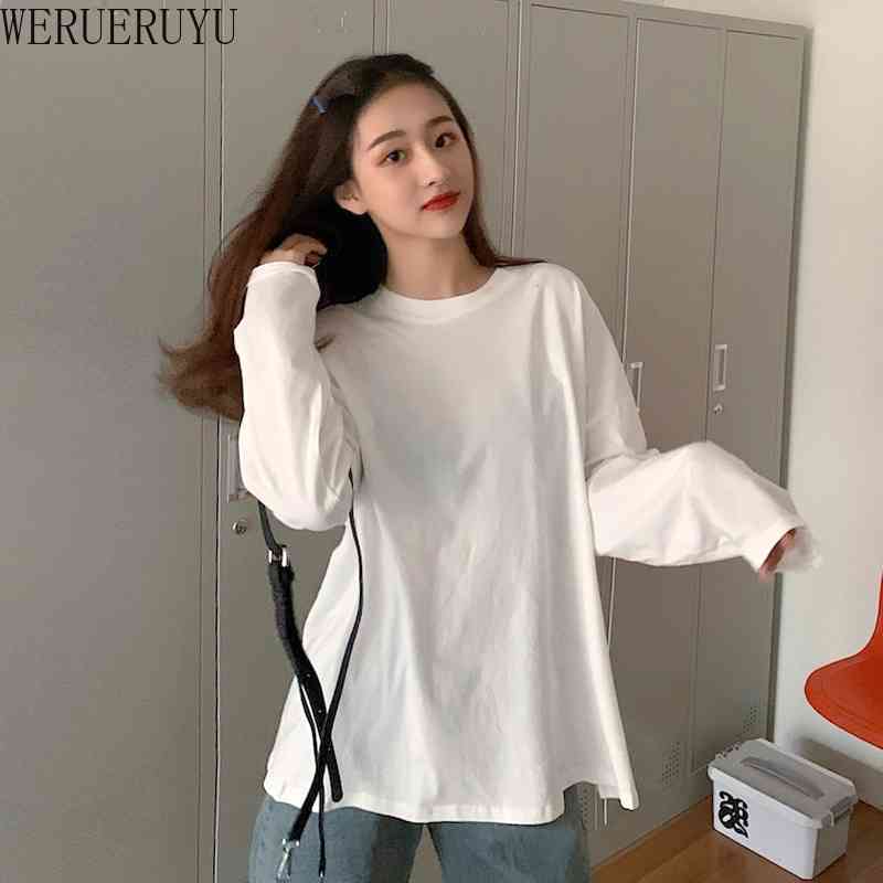 

WERUERUYU Women White Brief Hem High Elastic T-shirt Long Sleeve Fashion Spring Autumn 210608, Photo color