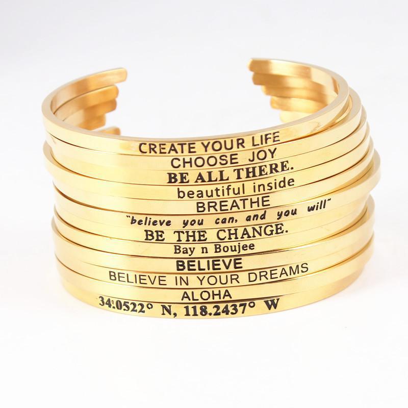 

Gold Inspirational Stainless Steel Bracelets For Women Engraved Positive & Bangle Party Gift Drop