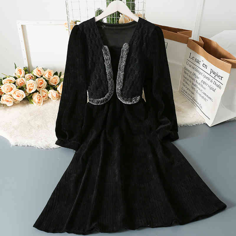 

Casual Sweet Dress Woman Winter Retro Raw Edge Stitching Wild Vertical Stripes Fake Two A-line High Waist Dresses, Black;gray