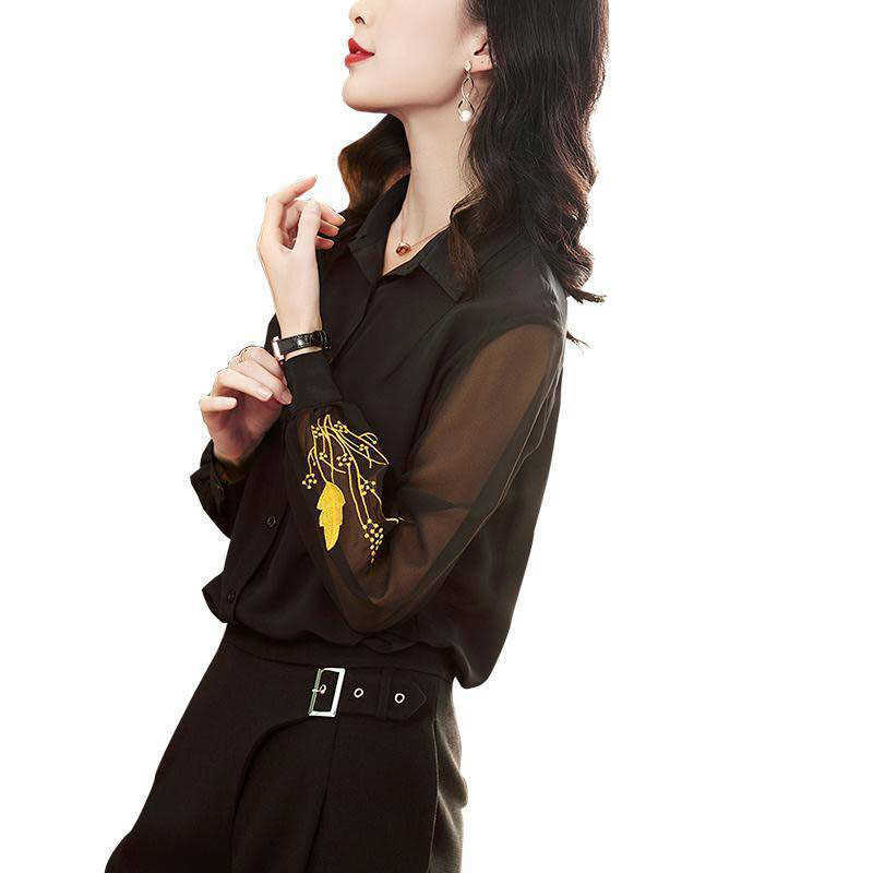 

Embroidery Women Spring Summer Style Chiffon Blouses Shirts Lady Casual Long Sleeve Turn-down Collar Blusas Tops DF2885 210609, Black