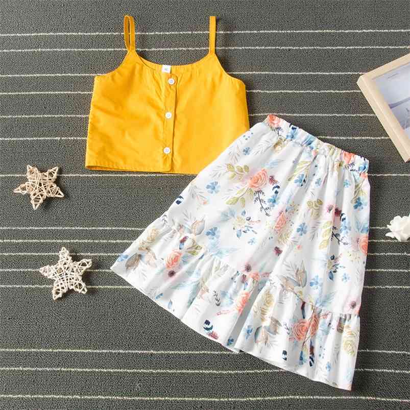 

Summer Children Sets Casual Strap Single Breasted Yellow Solid Tops Floral Ruffle Skirt 2Pcs Girls Clothes 1-7T 210629