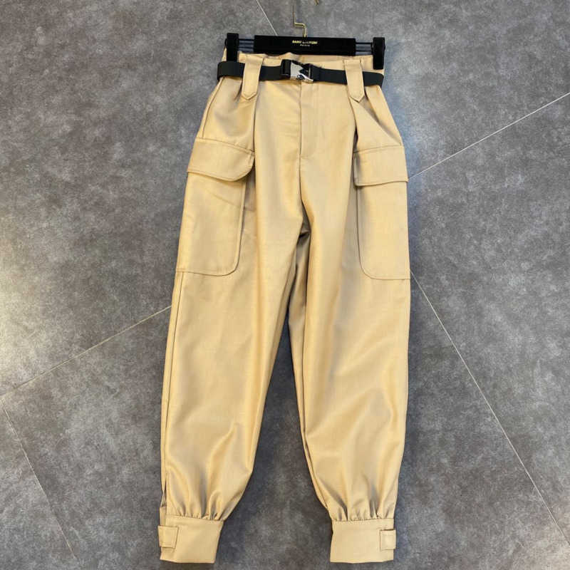 

DEAT Spring Fashion Casusal Solid Color Loose Patchwork Sashes Belt Side Pocket Pleated Long Cargo Pants Women SF111 210709, Black