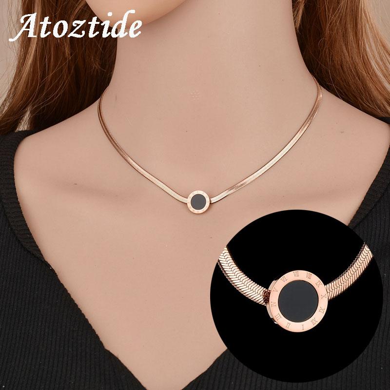 

Chokers Atoztide High Qualtiy Roman Numbers Shell Flat Snake Chain Necklace Women Adjustable Rose Gold Color Clavicular, Golden;silver