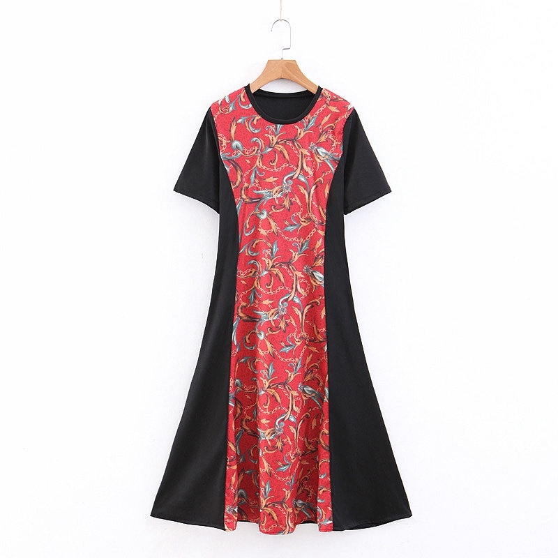 

Women Summer Short Sleeve Patchwork Dress O neck Floral Printed Mid Calf Elegant Party Dresses XZ2366 210525, Black