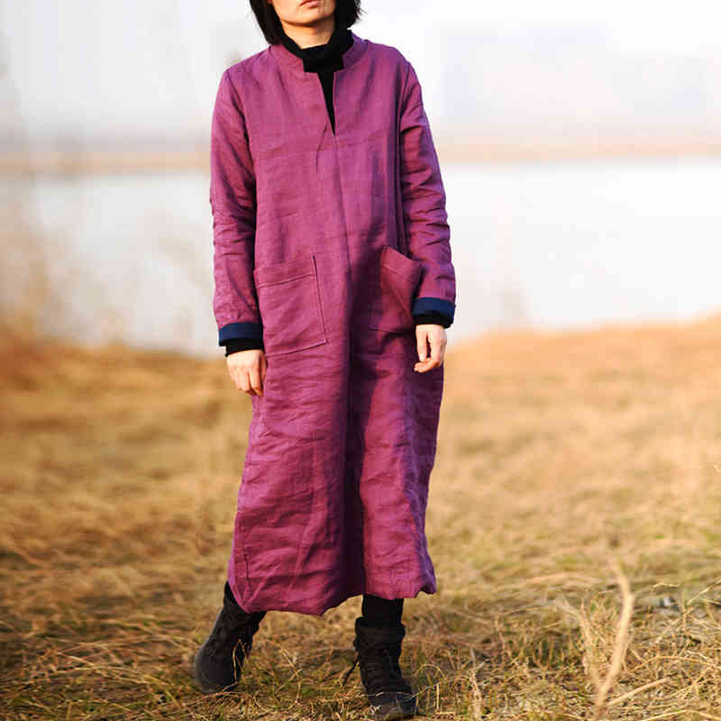 

Johnature Spring V-neck Linen Vintage Dress Women Long Sleeve Loose Plus Size Solid Color Asymmetry Dresses 210521, Purple