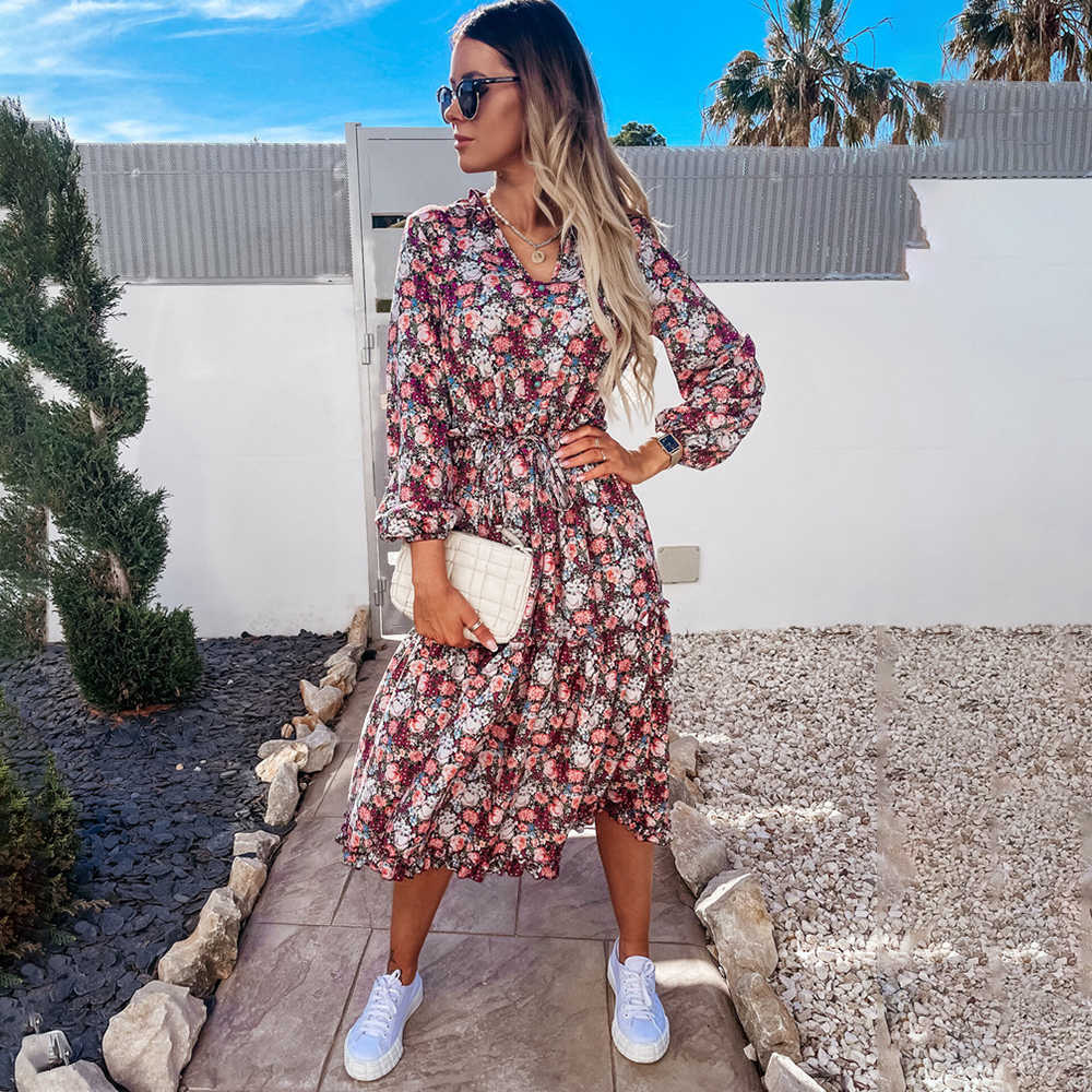 

New Vintage Floral Print Maxi Dresses For Women Summer 2021 Long Sleeve V-Neck Ruffles Ladies Spring Casual Party Dress Vestidos Y0603, Light blue