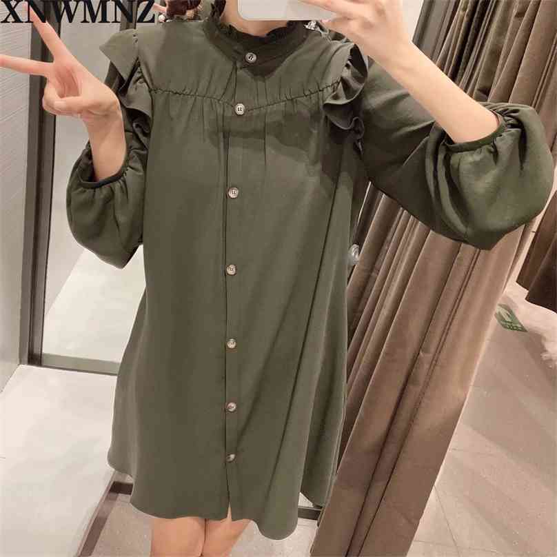 

Women ruffled shoulder mini dress Long sleeve round neckline shoulders trims feminino chic dresses 210520, Green