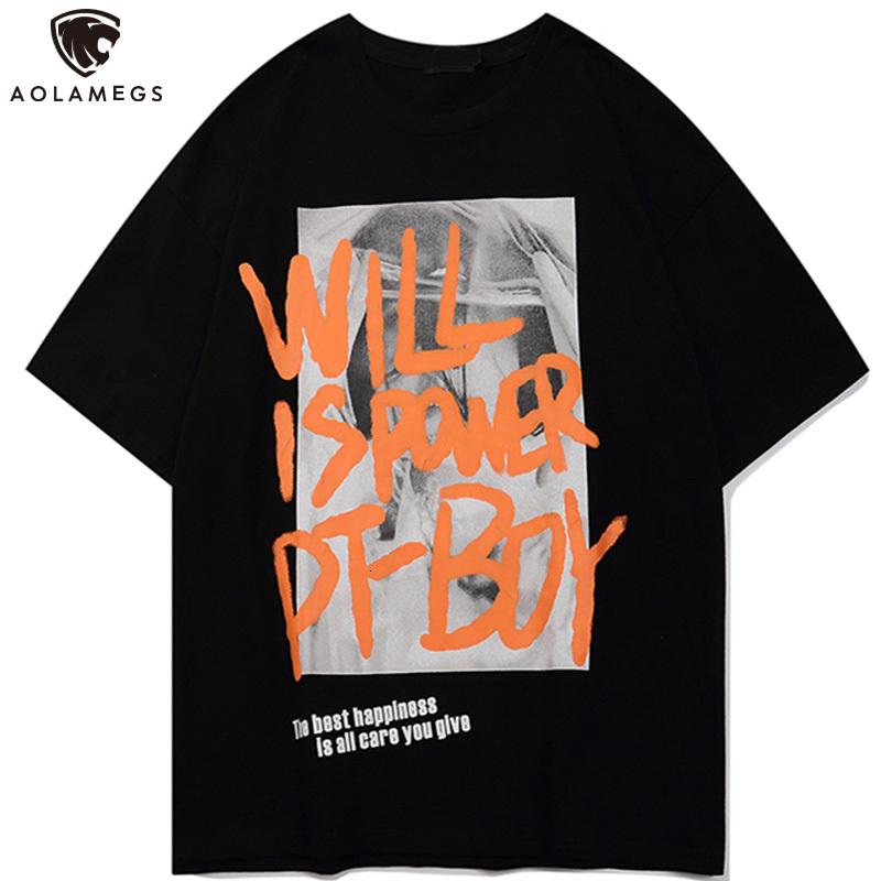 

Men's Polos Aolamegs T-shirt man hit retro letter print loose casual neck high street harajuku fashion streetwear summer, White