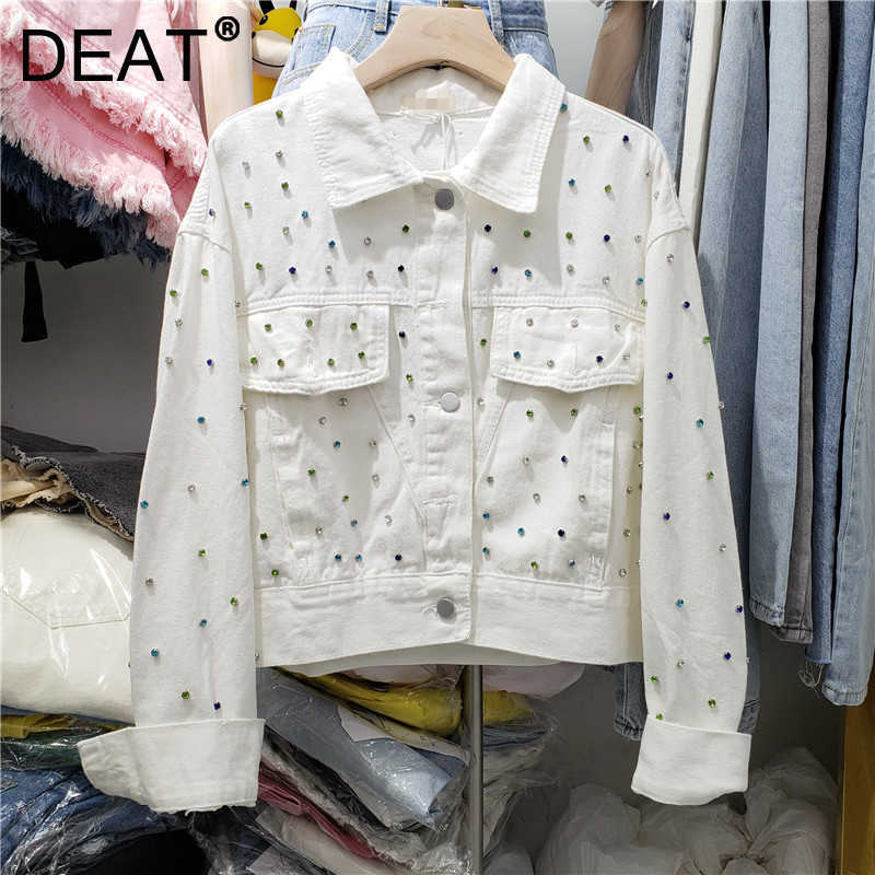 

DEAT Women Diamonds Personality Denim Coat Arrivals Lapel Long Sleeve Temperament Fashion Spring Autumn 11D2086 210709, Blue