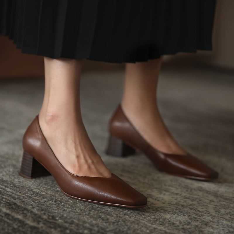 

ALLBITEFO square toe genuine leather high heels women fashion women heels shoes high heel shoes thick heel office work shoes 210611, As picture