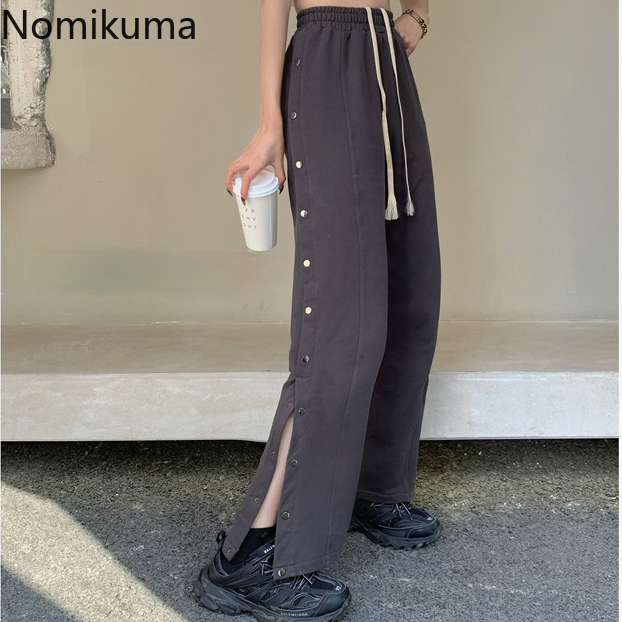Nomikuma Woman Pants Korean Side Buttons Split Long Trousers Causal Lace Up High Waist Wide Leg Pants Pantalones De Mujer 6H158 210427
