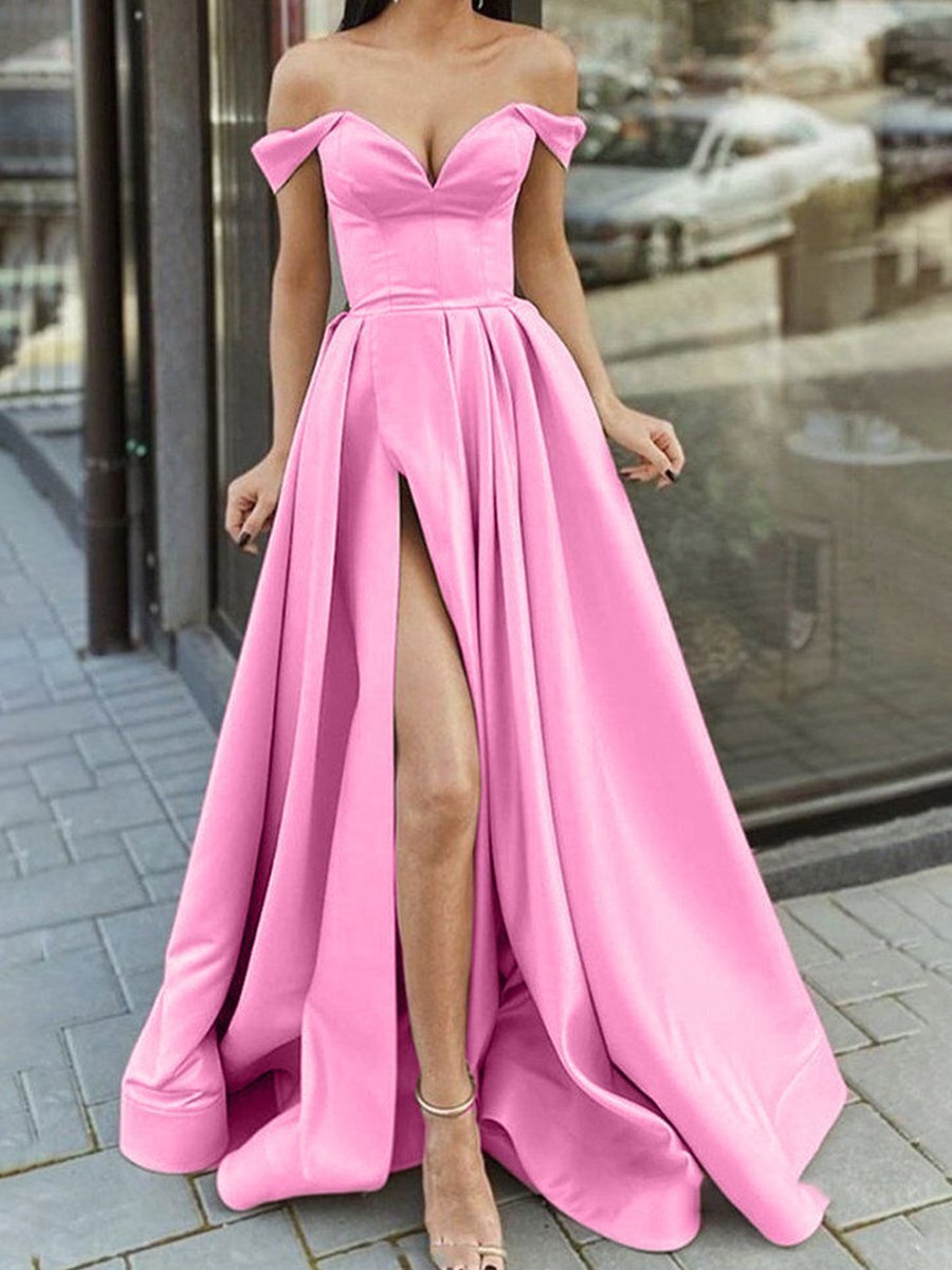 

A-line Prom Dress 2022 Spring Satin Off the shoulder V Neck High Slit Long Evening Gown Formal Elegant Vestidos De Gala, Blue