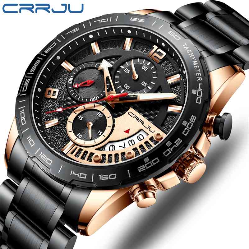 

CRRJU Men Luxury Quartz Wristwatch with Stainless Steel Creative Design Watches Chronograph Sport Watch Male Clock Relojes 210517, Black gold