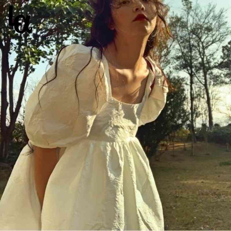

Summer White Lolita Dress Kawali Elegant Korean High Waist Sweet Vintage Casual Puff Sleeve Chic Party 210519, White dress