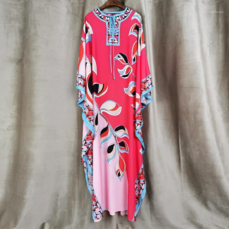 

Casual Dresses Designer Fashion High Quality Loose Print Long Dress Autumn Women' Bohemian Vintage Batwing Sleeve Chiffon, Red