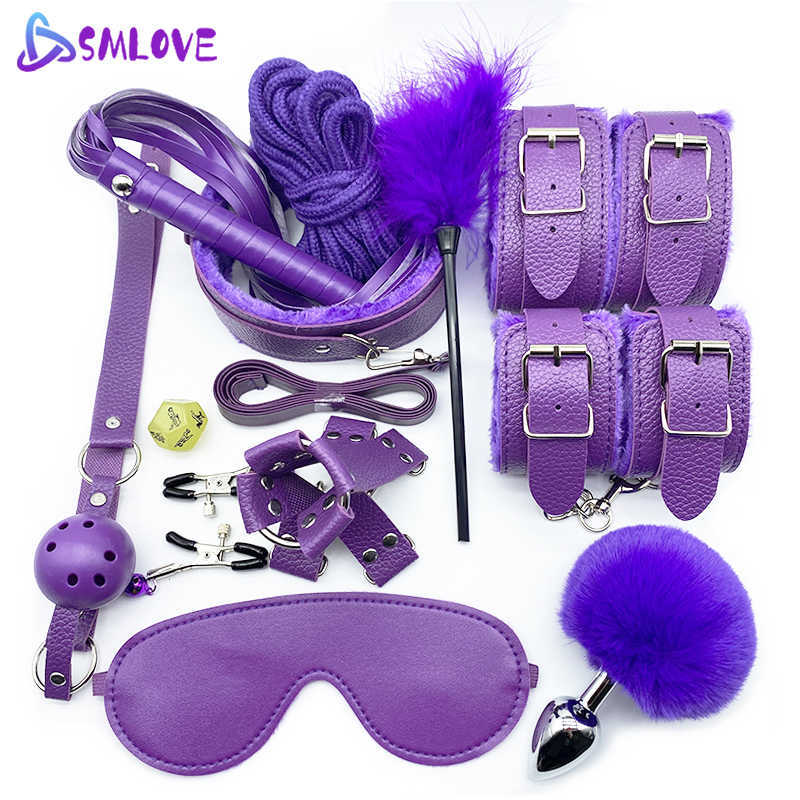 

SMLOVE Collar bdsm Bondage Sex Toy Handcuffs Nipple Clamps Bondage Whip Gag Erotic Flirting Feather Stick Sex Toys for Adults 210629