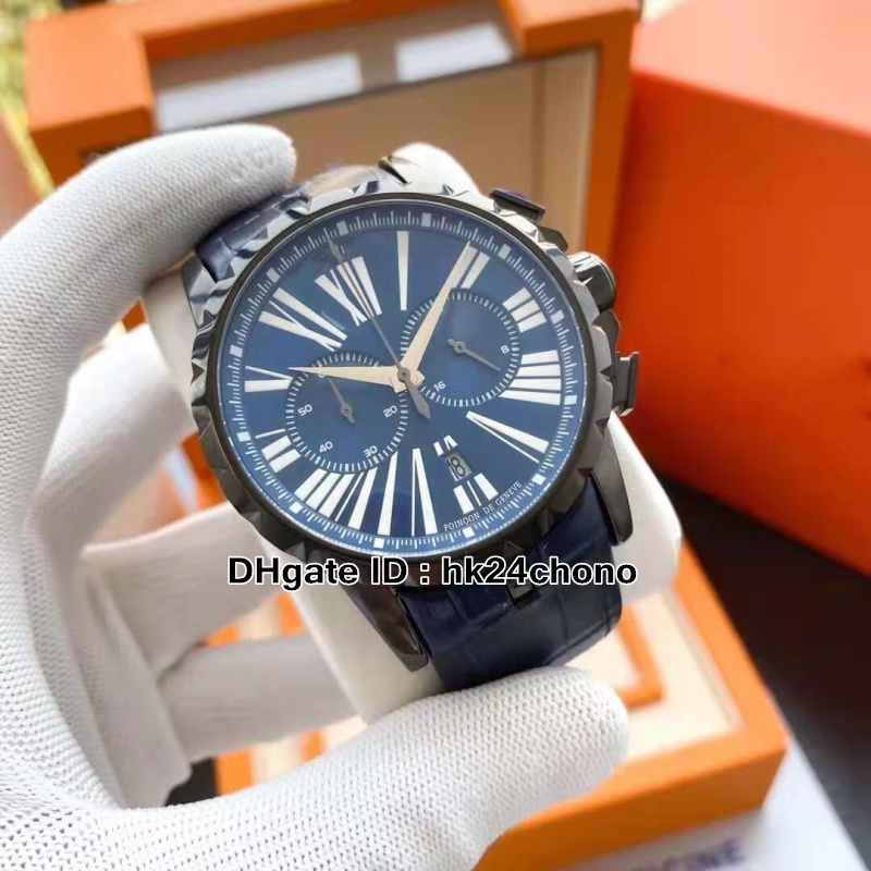 

High Quality Excalibur Japan VK Quartz Chronograph Mens Watch RDDBEX0387 PVD Black Steel Case Leather Strap 44mm Gents Sport Watches