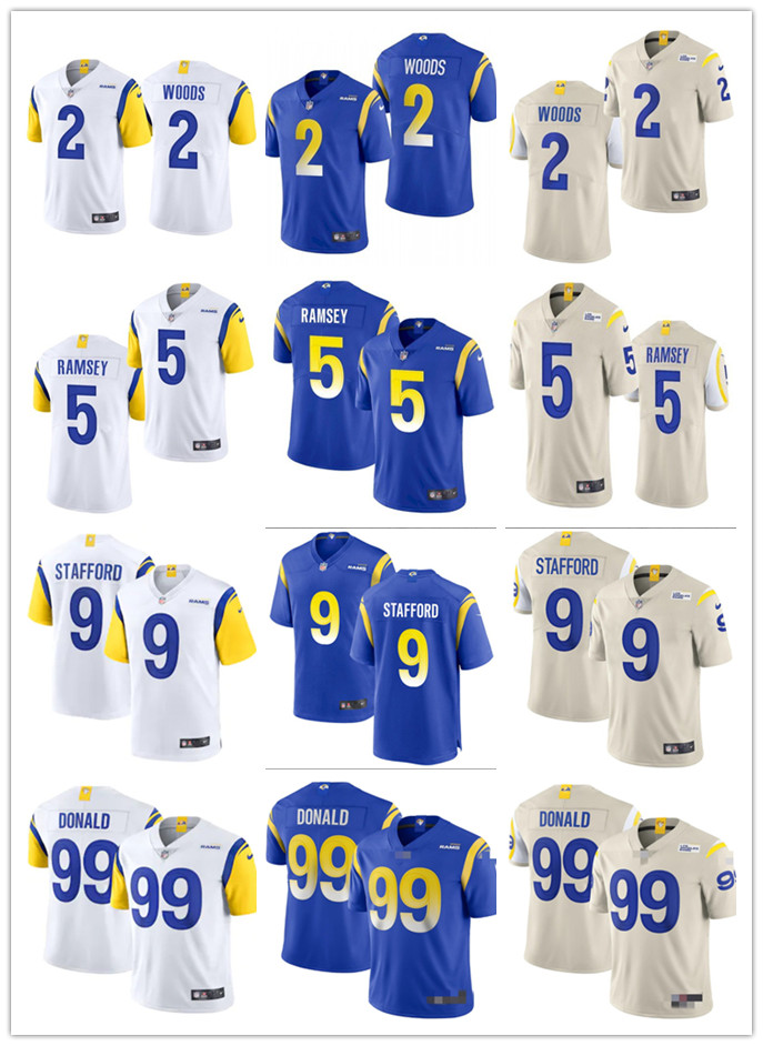 

Mens Womens Youth LosAngelesRams9 Matthew Stafford 10 Cooper Kupp 99 Aaron Donald 2 Robert Woods 5 Jalen Ramsey Blue white beige Football Jerseys, Yellow