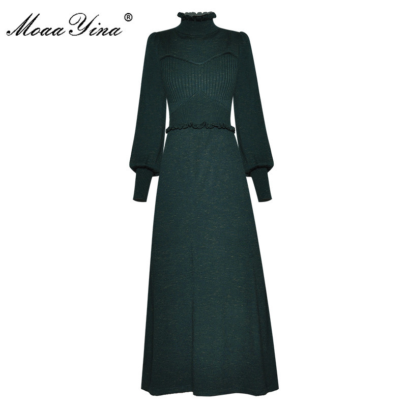 

Fashion Designer dress Spring Autumn Women's Dress Turtleneck Lantern Sleeve Vintage knitting Dresses 210524, Green