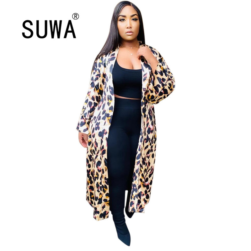 

Cheetah Leopard Printed Vintage Maxi Coat Women Fashion Long Sleeve Loose Cardigan Jacket Autumn Female Outerwear Open Stitchs 210525, Multi