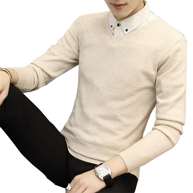Slim Knitted Cashmere Wool Sweater Men Tops Pullovers Autumn Winter Warm Casual Solid Color V-Neck Full Sleeve M-3XL 210809