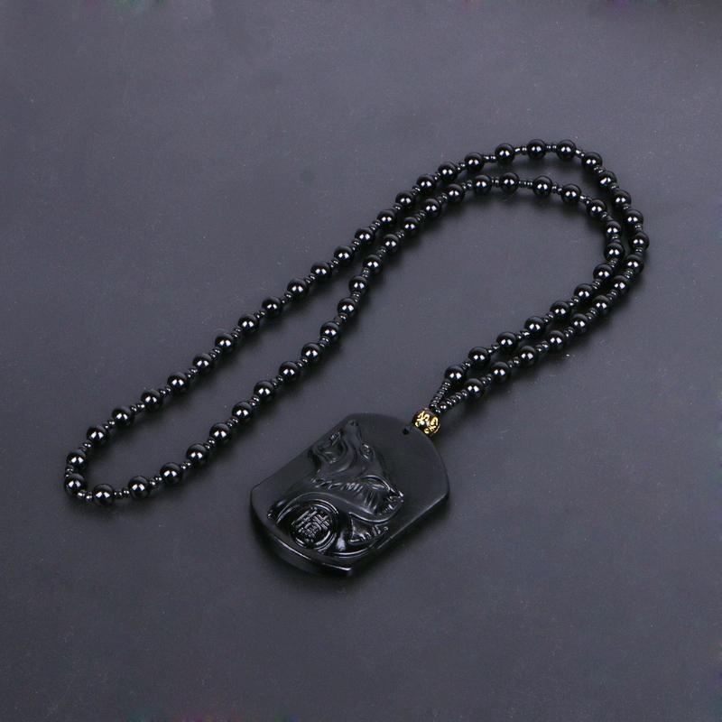 

Chains Hand Carved Natural Genuine Obsidian Howling Wolf Head Amulet Pendant Necklace W89D, Silver