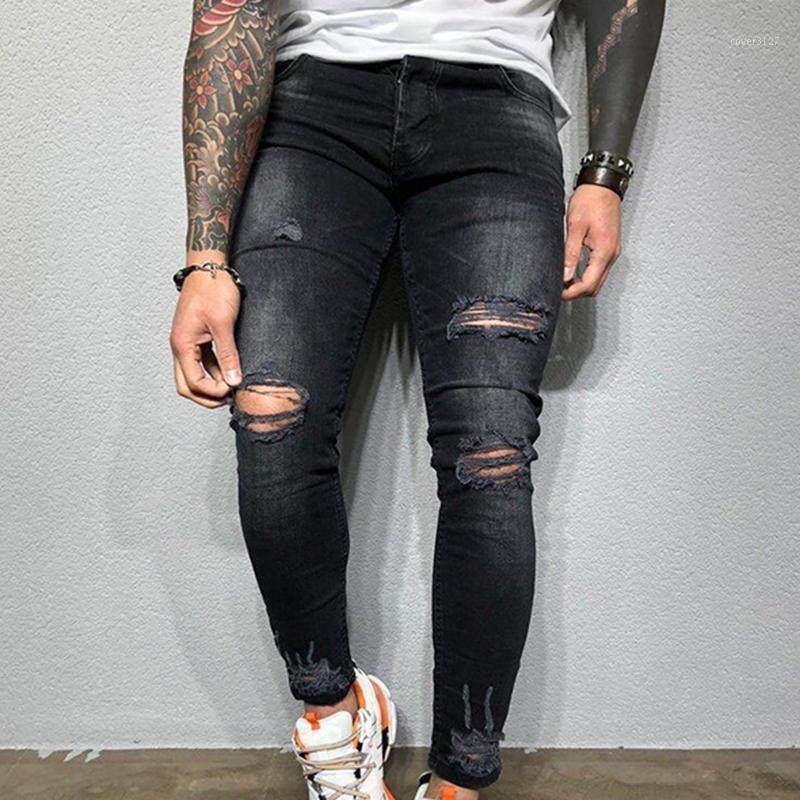 

Men's Jeans Fashion Men Skinny Trousers Destroyed Hip Hop Rippped Hole Stretch Denim Streetwear Male Casual Clothing, Blue