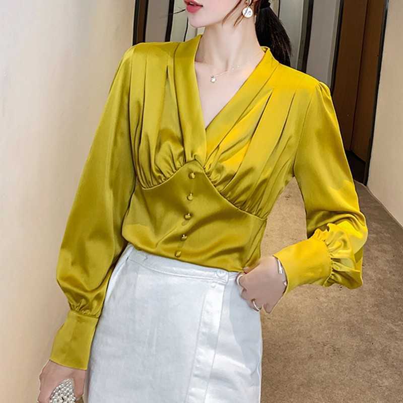 

Sexy satin v-neck women blouse shirt Puff sleeve ruffled feminina top Vintage high waist ladies autumn 210601, Yellow
