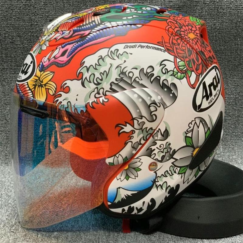 

Motorcycle Helmets Arrival Red Color Japanese Dragon Half Face Women Helmet Single Visor Summer Season Men Safety, A helmet