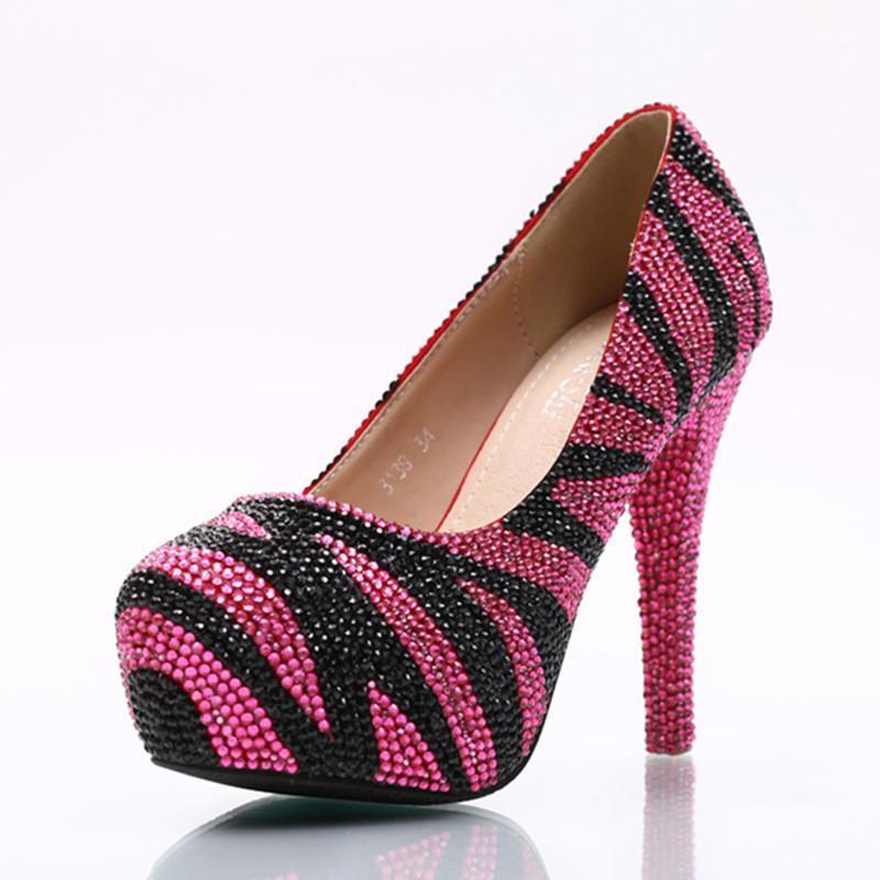 

Big Size 34-45 Rose Red Custom Handmade Sparkle Bling Zebra Striped Fashion Pattern High Heel Wedding Bride Formal Shoes Dress, 5cm