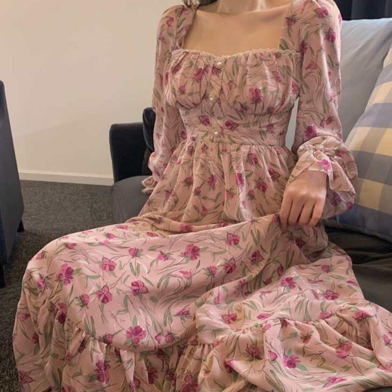 

Elegant Vintage Floral Print Chiffon Long Dress Women Buttons Slim Waist Vacation Boho Beach Robe Longue Vestido Casual Dresses, Picture color