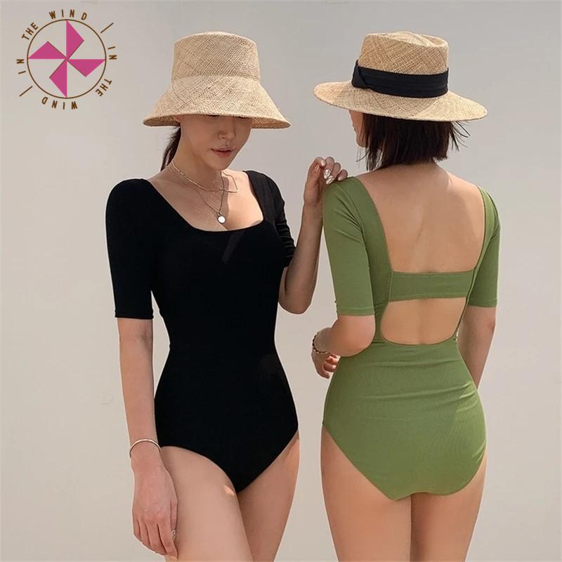 

In The Wind 2021 Korea Style One Piece Swimsuit Women Solid Swimwear Short Sleeve Push Up Swim Suit Backless Bathing One-Piece Suits