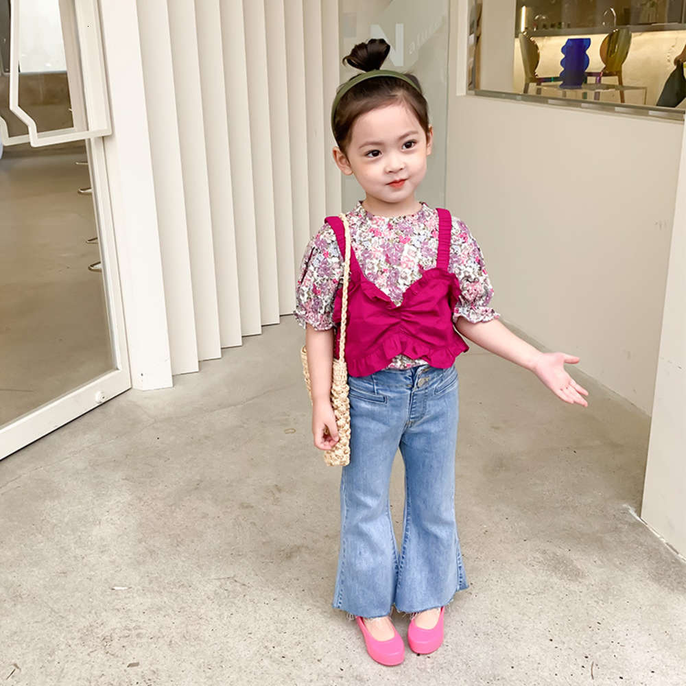 

Girls' floral top summer dress baby and children's Korean style suspender shirt two piece set fashion, White