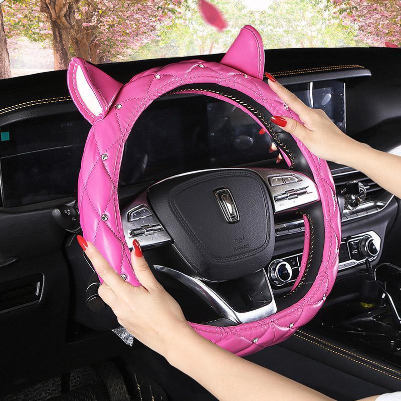 

Steering Wheel Covers Cute Cat Ears Car PU Leather Case Universal Handlebar Cover Auto Interior Decor Styling