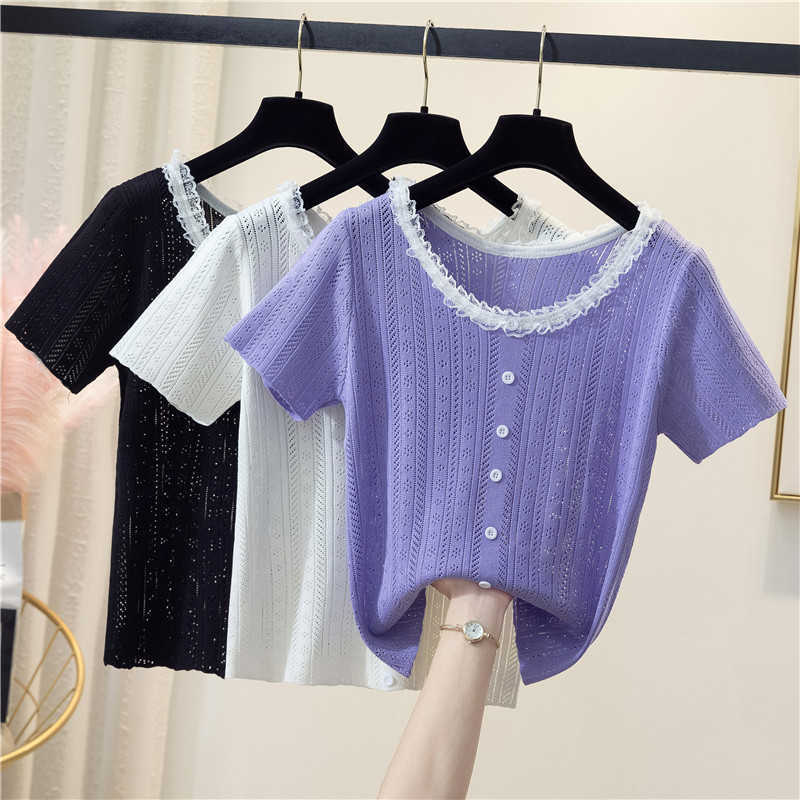 

Girls O-neck Knitted sweater Short Sleeve Stretchy Striped T-shirts Women Contrast Color Knitting Tshirt Slim Tops For Female 210604, White