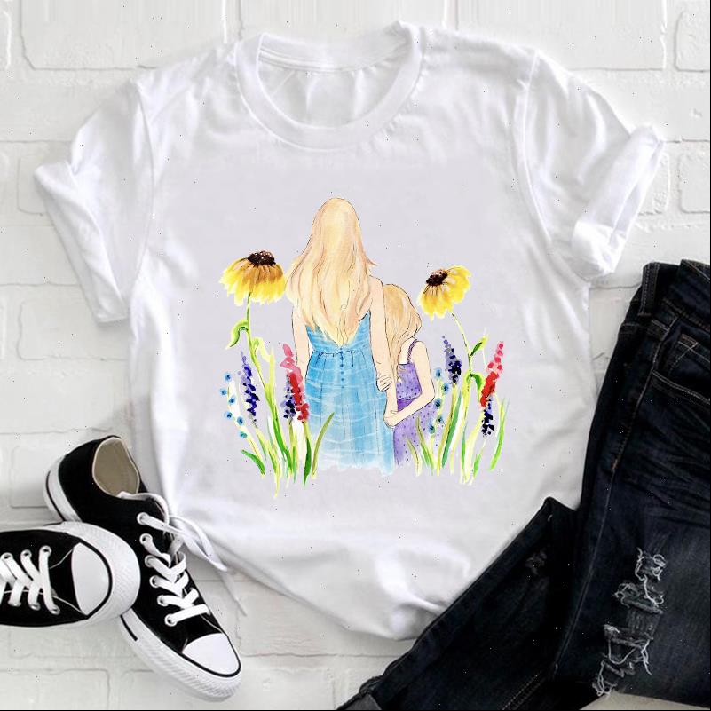

women t shirt cartoon watercolor girl love sweet fashion 90s mom mama mother clothes print tee tshirt female ladies, White