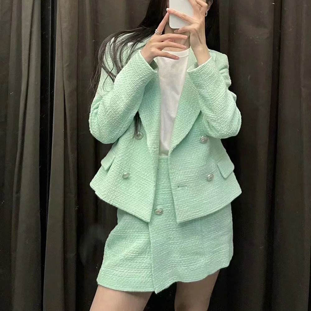 

BBWM Za Women Fashion Double Breasted Casual Mint Green Tweed Blazer Coat Female Business Work Office Lady Plus Size 210520, As picture