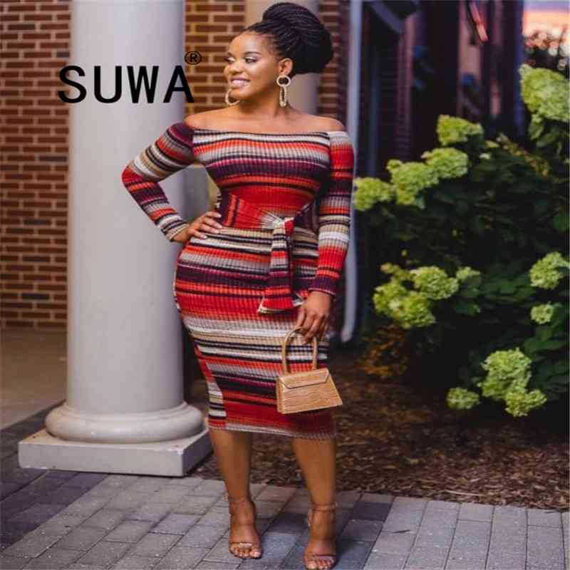 

Knit Vintage Elegant Sexy Maxi Dresses For Women Clothing Colorful Striped Slash Neck Long Sleeve Evening Party Club 210525, Multi