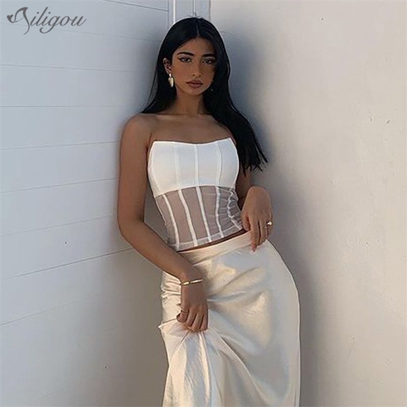 

Women's Mesh Transparent Patchwork Top Sleeveless Strapless Party Corset Sexy Halter Vest 210525, White
