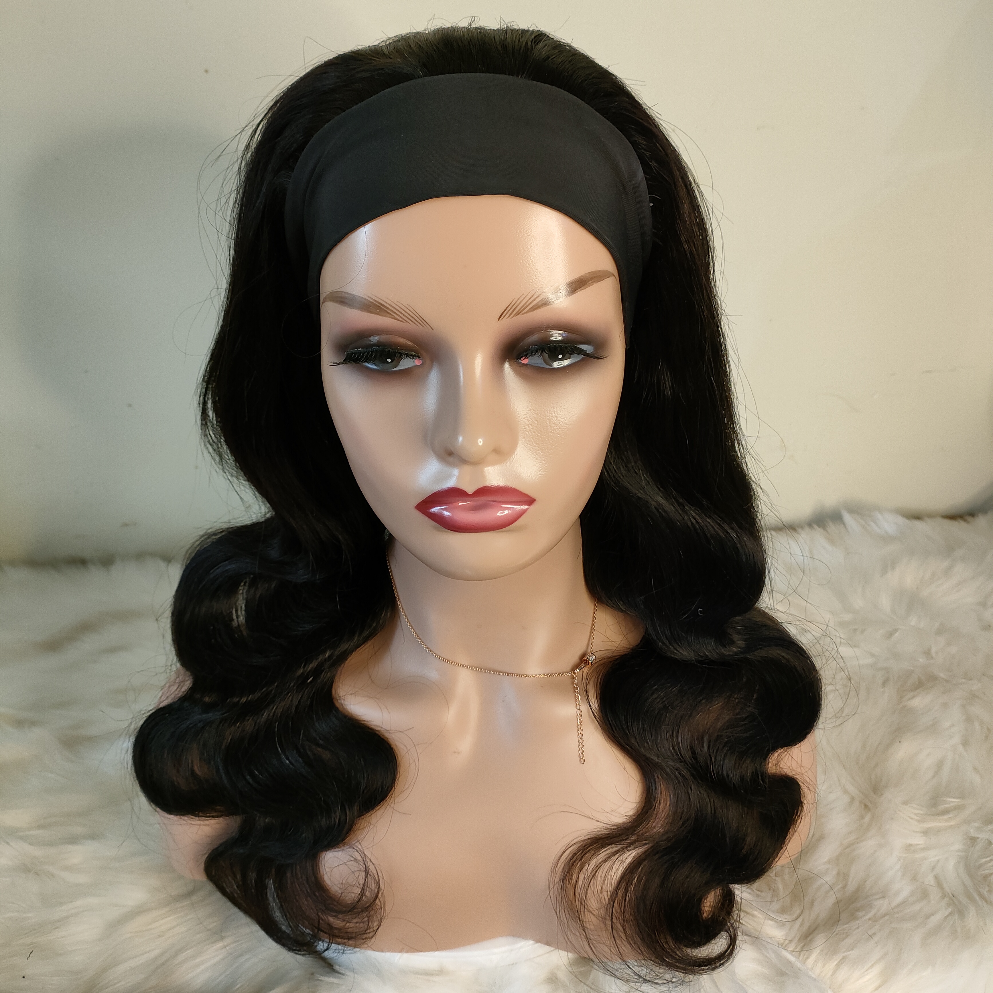 

Headband Wig 100% Human Hair 150% Density Body Wave Affordable Grade 8A Natural Color None Lace Front, Black