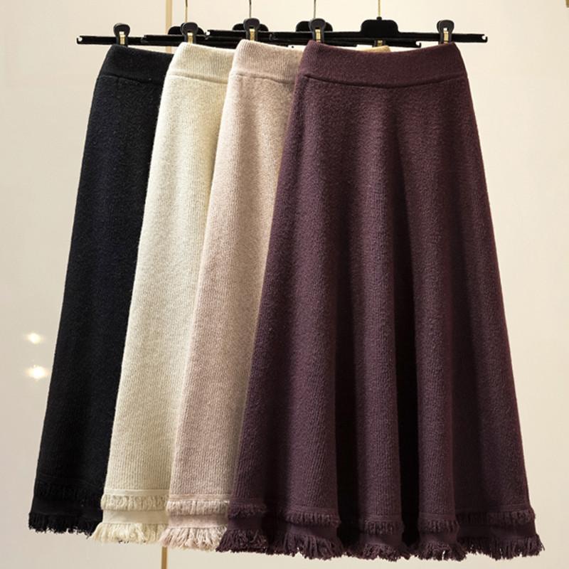 

Skirts Fdfklak High-waist Knitted Skirt Women Autumn Winter Ins Style Long Fringed Edging A-line Wool Female Faldas, Black
