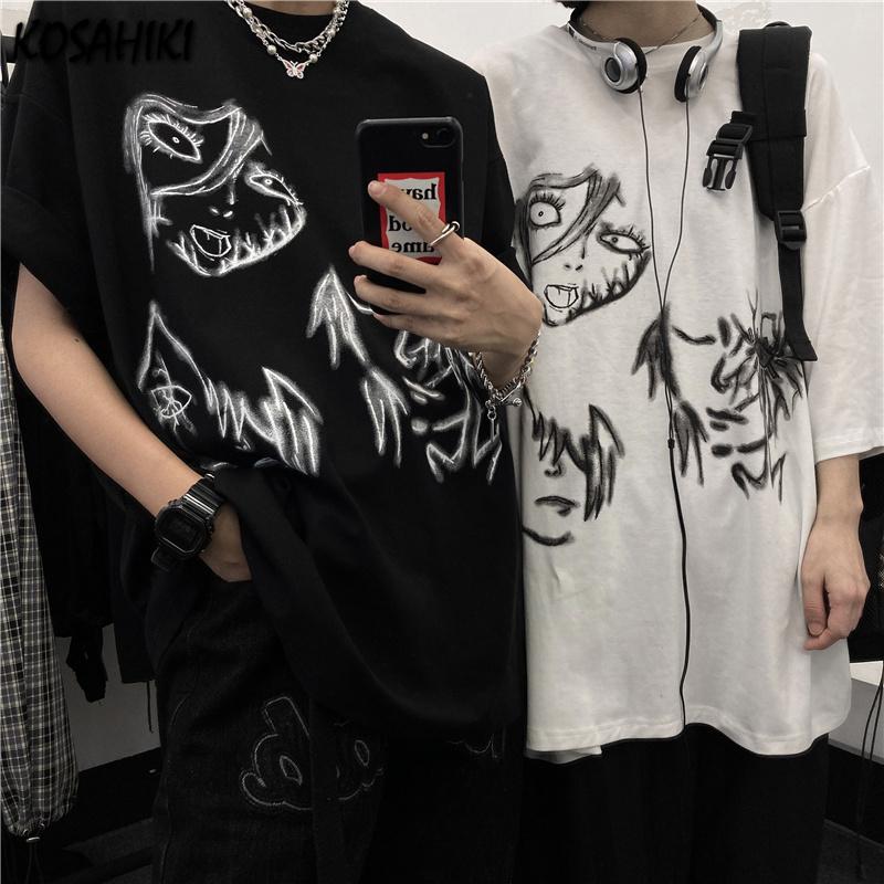 

Women's T-Shirt KOSAHIKI Summer Short Sleeve Women Japanese Harajuku Cartoon Print T Shirts Casual Top Tees Aesthetic Graphic, Black