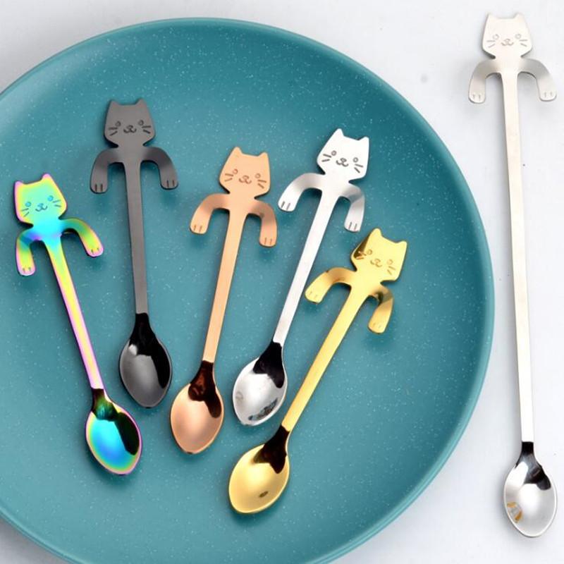 

Stainless Steel Coffee Spoon Kitchen Gadgets Cartoon Cat Long Handle Flatware Drinking Tools Spoons
